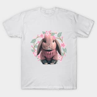 Adorable Baby Bunny in pink wool sweater - crown of charming flowers and leave T-Shirt